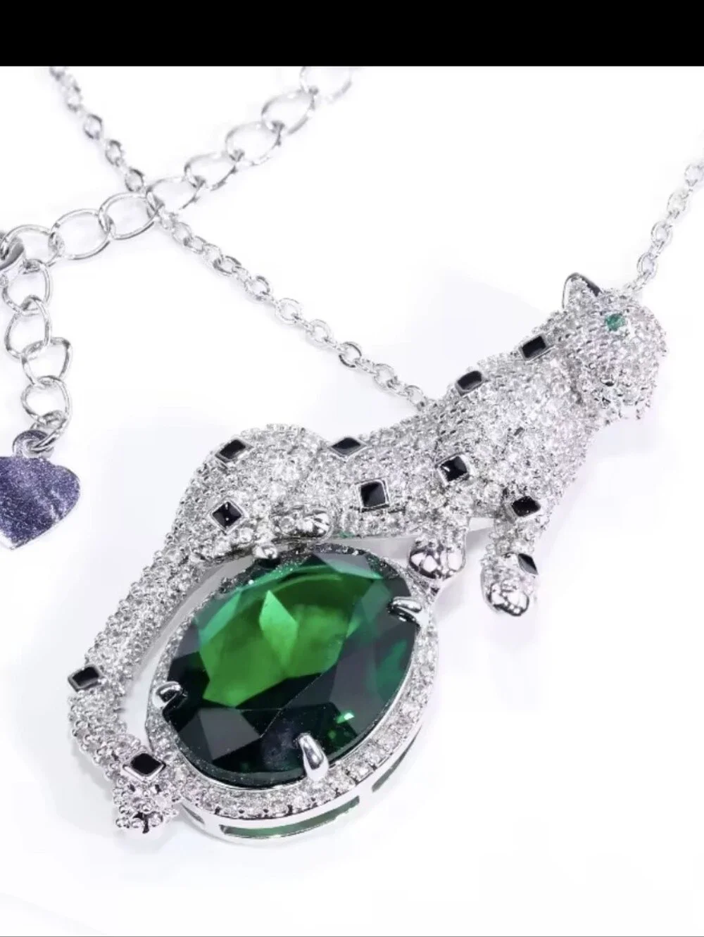 Emerald Green Diamond Leopard Charm Necklace